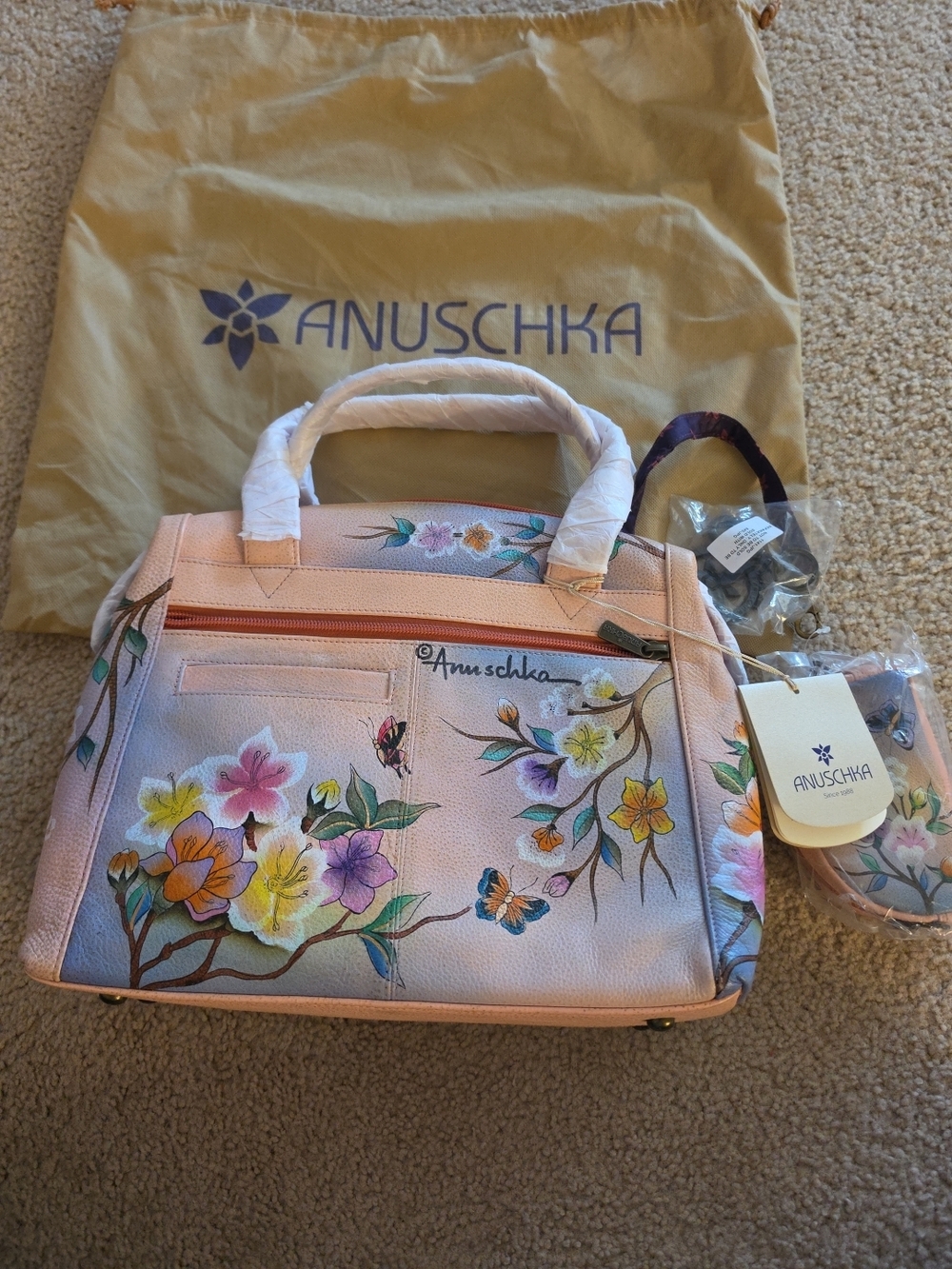 Anuschka Light Peach Hand-Painted Floral Satchel with Multicolor Accents